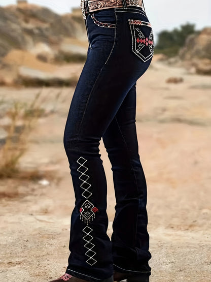 HME Autumn/Winter New Arrival - Women's Stretch Flared Fashion Pants with Contrast Stitching and Embroidery, Stylish and Elegant Classic Vintage Blue, Suitable for All Seasons, Women's Long Pants, No Belt Included