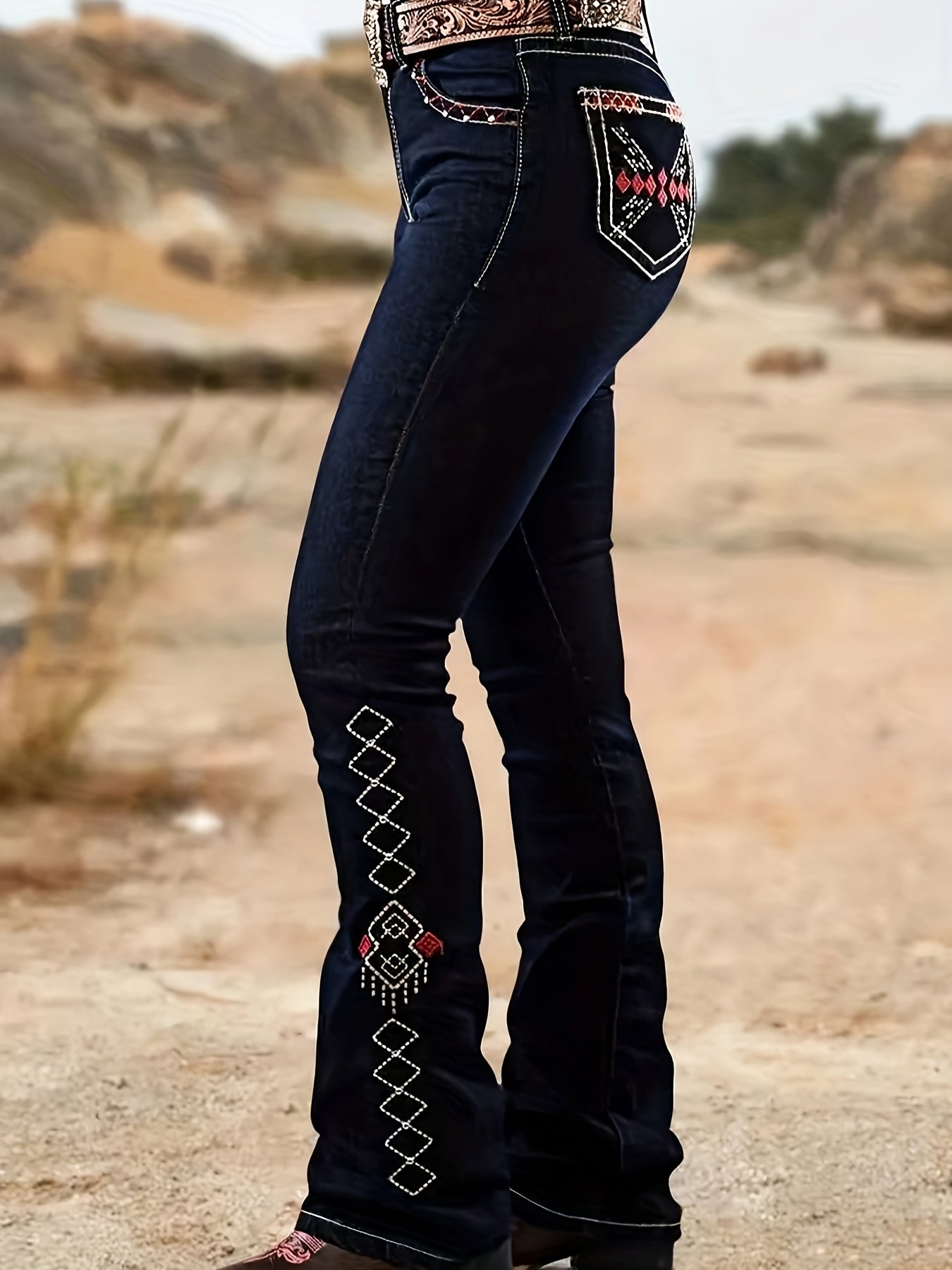 HME Autumn/Winter New Arrival - Women's Stretch Flared Fashion Pants with Contrast Stitching and Embroidery, Stylish and Elegant Classic Vintage Blue, Suitable for All Seasons, Women's Long Pants, No Belt Included