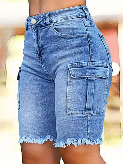 Large Size Imitation Old Blue Raw Edge Trouser Leg Tooling Flip Side Pocket Denim Cropped Pants Slim Retro Street Style High Waist Jeans Simple Fashion Spring And Summer Plus Size Denim Shorts