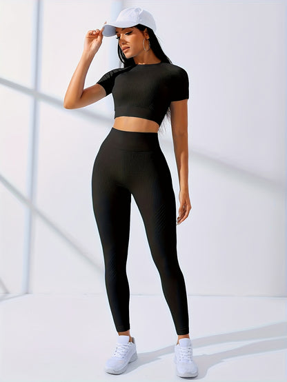 Women's 2pcs Workout Set - Yoga Top & Leggings, Crew Neck, Medium Stretch, Solid Color, All-Season Activewear, Workout