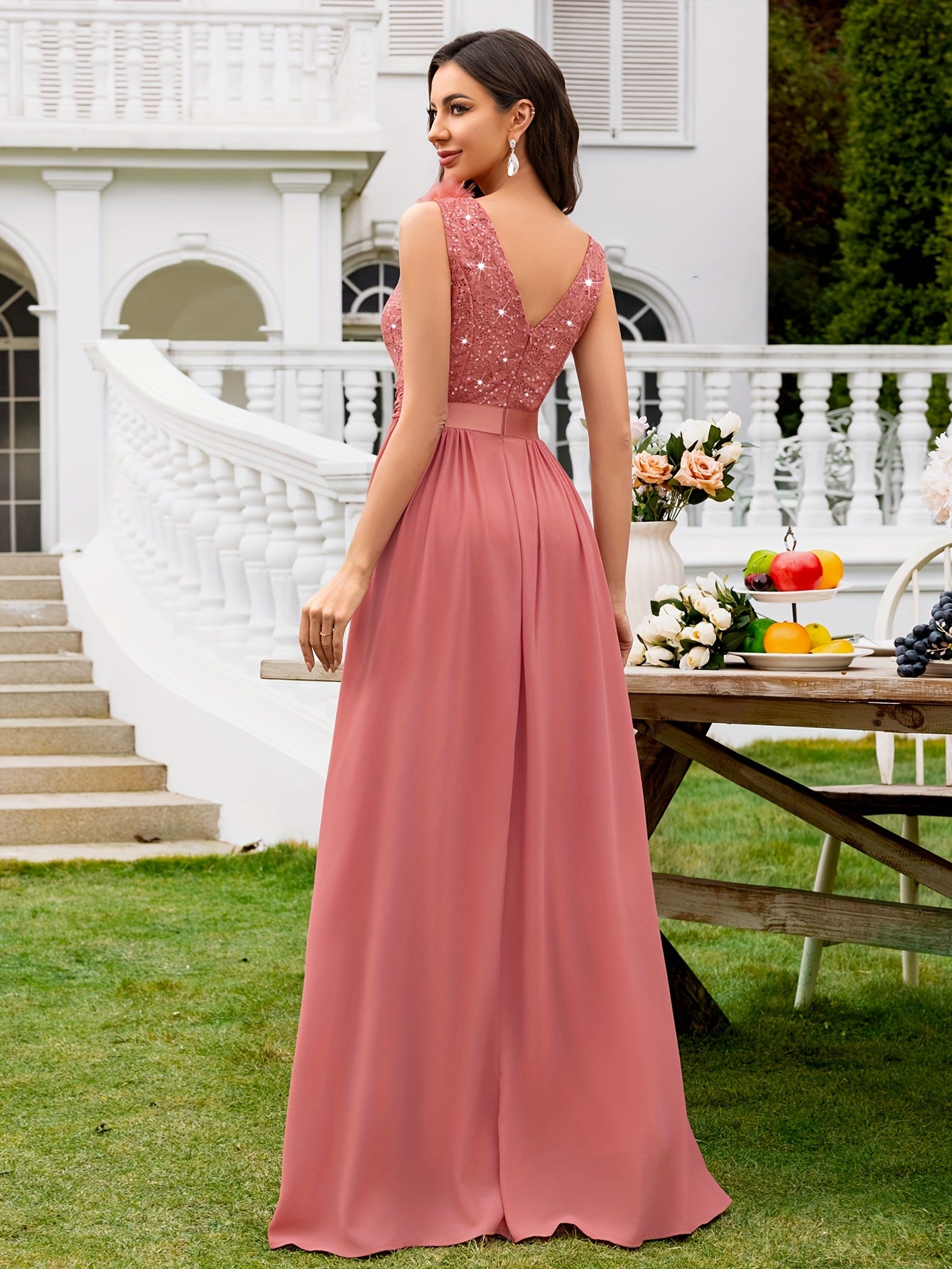 24451A Elegant Womens Mesh Deep V Neck Sequin Lace Maxi Dress, Sleeveless Applique Shoulder, Back V Neck, Ruched A Line Waist, High Thigh Slit Hem, Perfect For Formal Wedding Guest, Prom, Bridesmaid Party, Graduation Season, Wedding Season