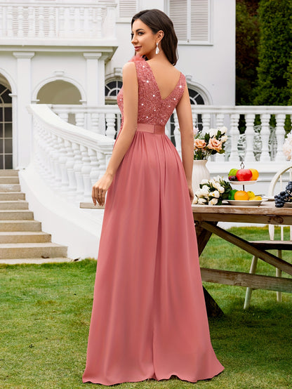 24451A Elegant Womens Mesh Deep V Neck Sequin Lace Maxi Dress, Sleeveless Applique Shoulder, Back V Neck, Ruched A Line Waist, High Thigh Slit Hem, Perfect For Formal Wedding Guest, Prom, Bridesmaid Party, Graduation Season, Wedding Season