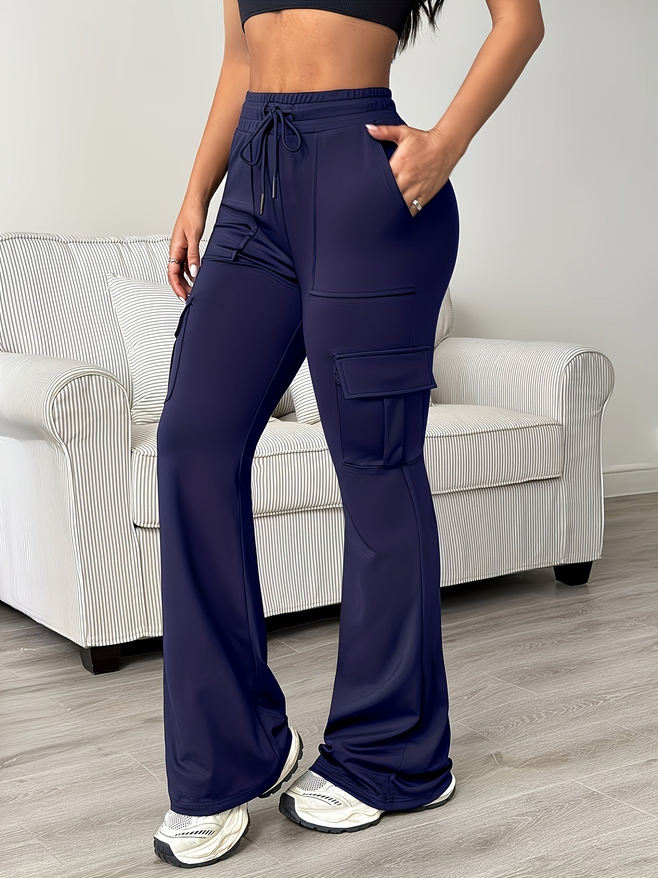 Women'S Functional Flare Cargo Pants, High Waist Elastic Drawstring Bootcut Leggings With Multi-Pockets, Stretchy All-Purpose & Casual Pants