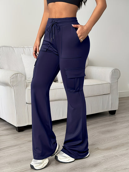 Women'S Functional Flare Cargo Pants, High Waist Elastic Drawstring Bootcut Leggings With Multi-Pockets, Stretchy All-Purpose & Casual Pants