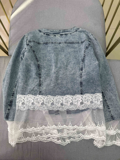 Women'S Casual Jacket, Lace Floral Pattern, Exquisite Buttons, Daily Fashion Beaded Denim Jacket, Very Suitable for Spring And Autumn