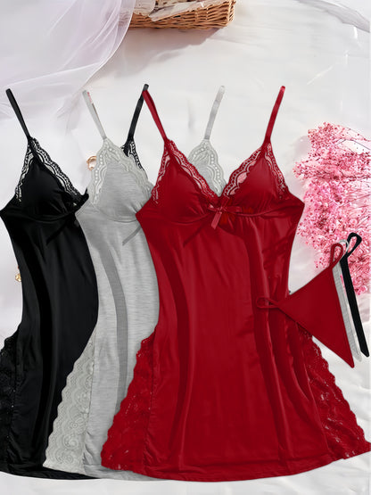 3 Women's Solid Color Lace Nightgowns, Side Split Design, Sexy Home Lace Nightgown