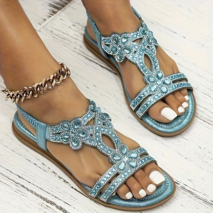Elegant And Refined Bohemian Style Women's Flat Sandals, Featuring Floral Rhinestones - Comfortable Open-toe Design with An Adjustable Strap, for The Beach., Women Shoes