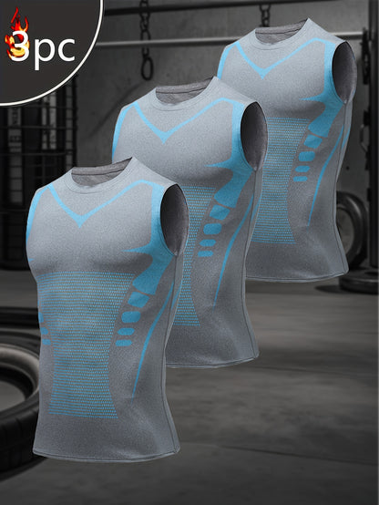 Men'S Summer Tank Top (3pcs Set): High-Quality Fabric Top With Soft, Comfortable, And Highly Elastic Material; Sleeveless, Quick-Drying, And Breathable; Sci-Fi Stripe Design, Perfect For Sports, Fitness, Outdoor Activities, And Home Wear