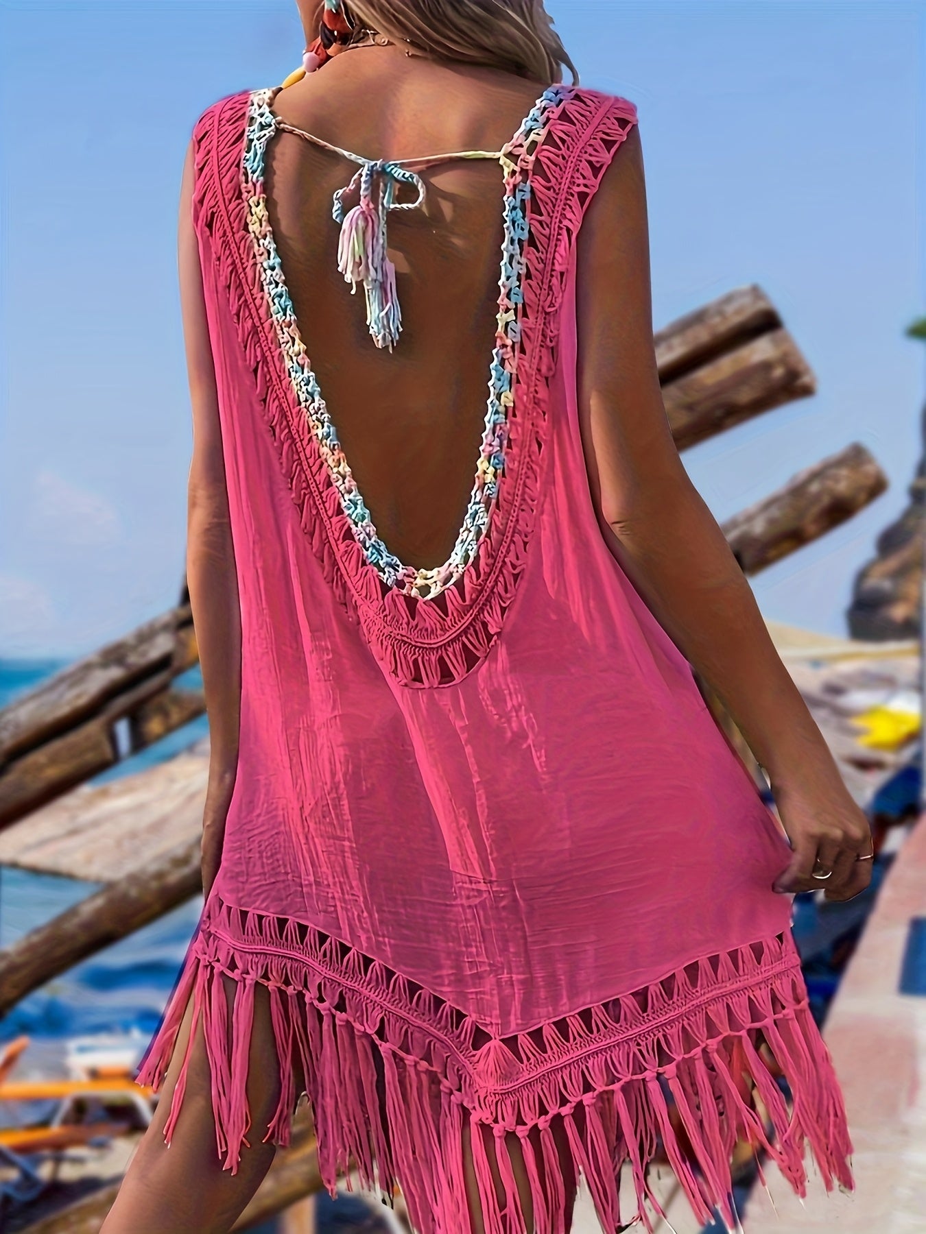 Women's Summer Vacation Style Hand Hook Splicing Color Thread Splicing Fringe V-neck Pullover Hollowed Out Beach Bikini Smock Skirt