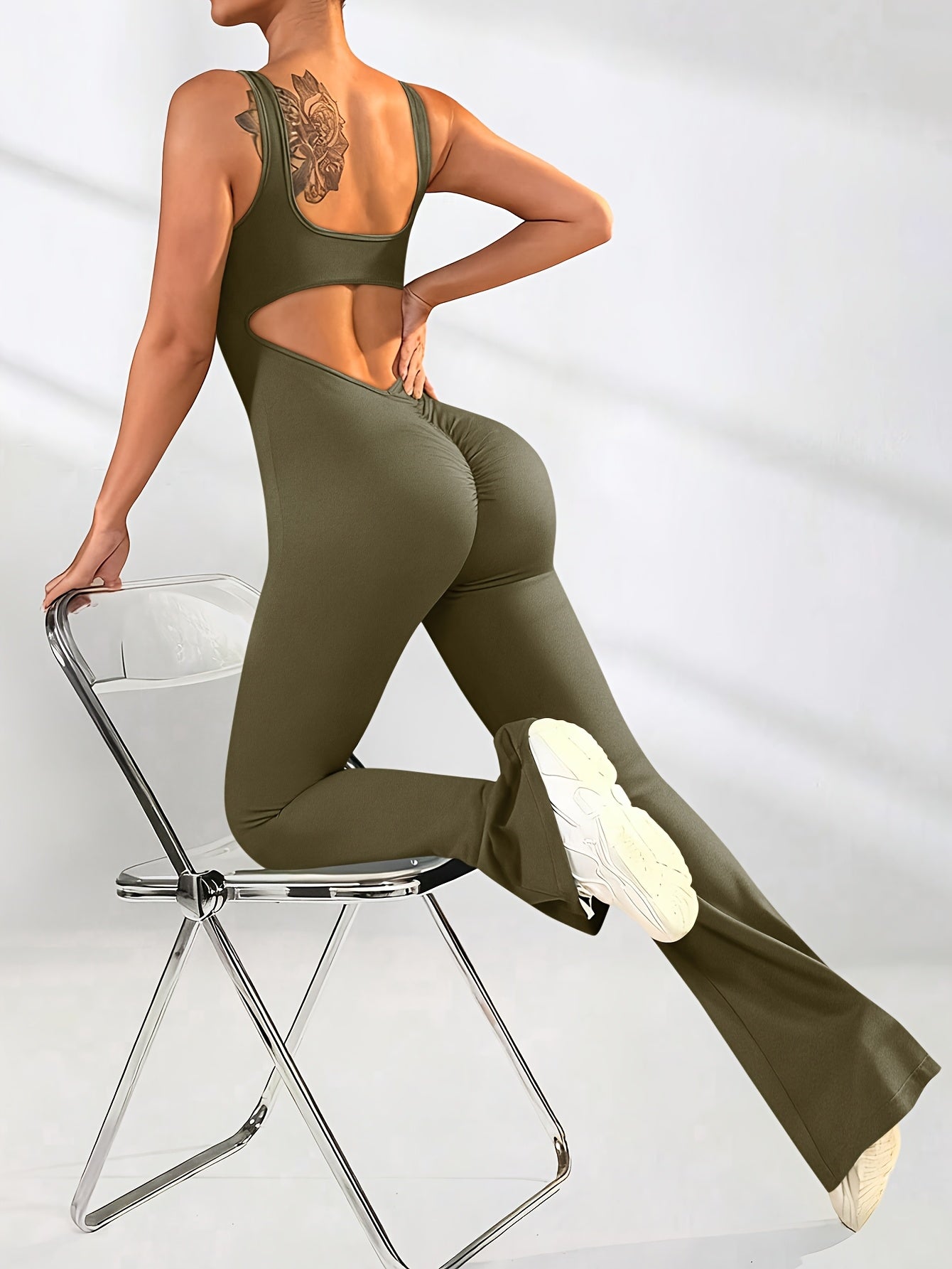 2pcs Women Flare Jumpsuit, Square Neck Hollow Out Backless Sexy Hip Folds, for And Daily Wear Women'S First Choice for Christmas And Thanksgiving Gifts