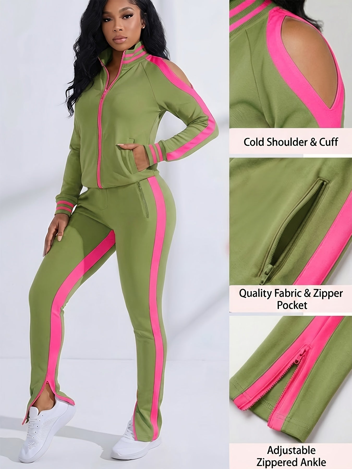 Women's 2pcs Athletic Tracksuit Set, Striped Contrast Shoulder Slit Top & Zipper Hem Sporty Pants, Activewear Lounge Set