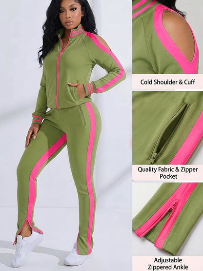 Women's 2pcs Athletic Tracksuit Set, Striped Contrast Shoulder Slit Top & Zipper Hem Sporty Pants, Activewear Lounge Set