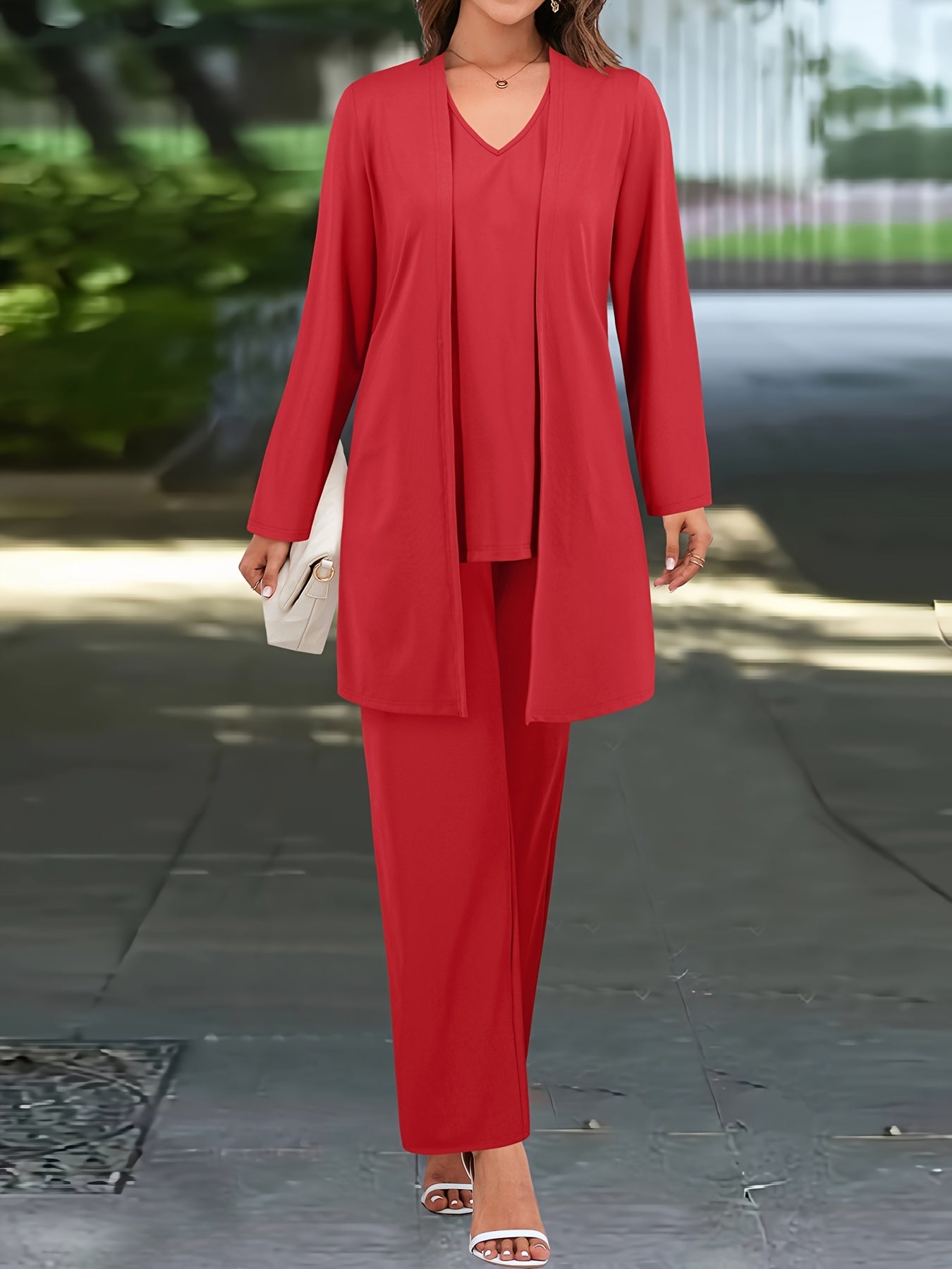 ZAFUL Women's Casual Business Long Sleeve Cardigan, V-Neck Vest Top, Straight Leg Trousers, Fashion Commuter Three-Piece Suit