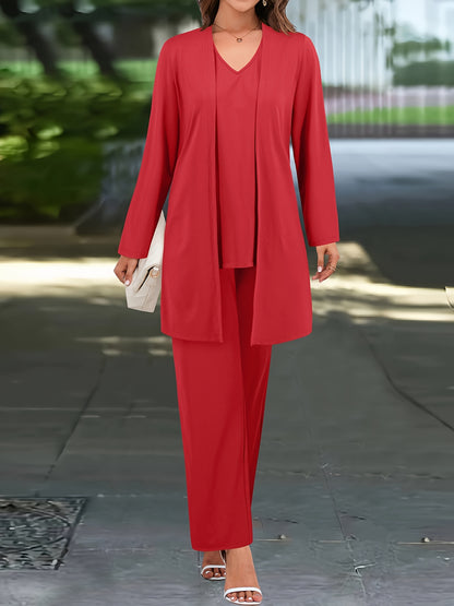 ZAFUL Women's Casual Business Long Sleeve Cardigan, V-Neck Vest Top, Straight Leg Trousers, Fashion Commuter Three-Piece Suit