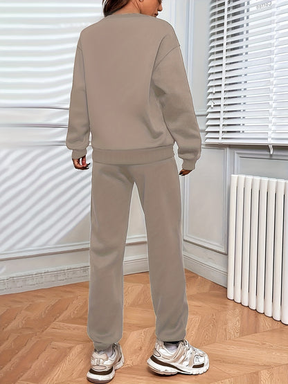 [Casual 2pcs Suit] Women's Casual Fashionable & Versatile 2pcs Suit | Autumn & Winter Solid Color Loose Pullover Sweatshirt + Elastic Waist Drawstring Pants