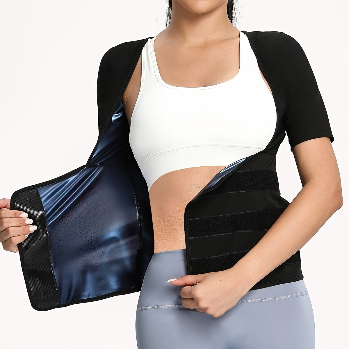 SHOPFAIR Brand Women'S Sweat Sealing Waist Short Sleeve Sports Body Shaping Top, Abdominal Shaping Waist Sweating Clothes, Sauna Clothes