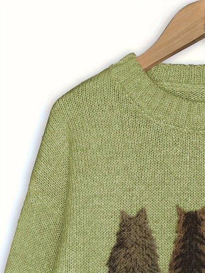 [Cozy Cat Sweater] Cozy Cable Sweater with Playful Cat Print | Women'S Beige & Brown, Loose Fit, Long Sleeve, Round Neck, Casual Spring And Autumn Top Ropa De Mujer Promotion Local Warehouse Discount