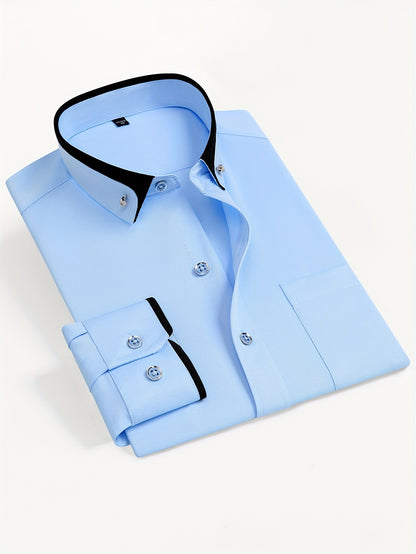 Color Block Fold-Up Collar Crystal Buckle Formal Shirt Men'S Long Sleeve Contrast Color Stretch Iron-Free Business Casual Top with Loan Fashion Cardigan Shirt