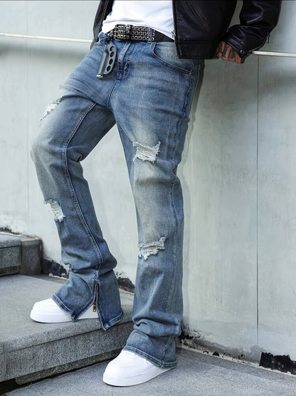 Men's Straight-leg Distressed Jeans- Mid-rise, Stretch Blend, Leg Zipper Design, Street Style, Ripped Details, Comfortable and Versatile, Suitable Trendy Outfits, Stylish Long Pants Slim-fit Jeans Durable Fabric