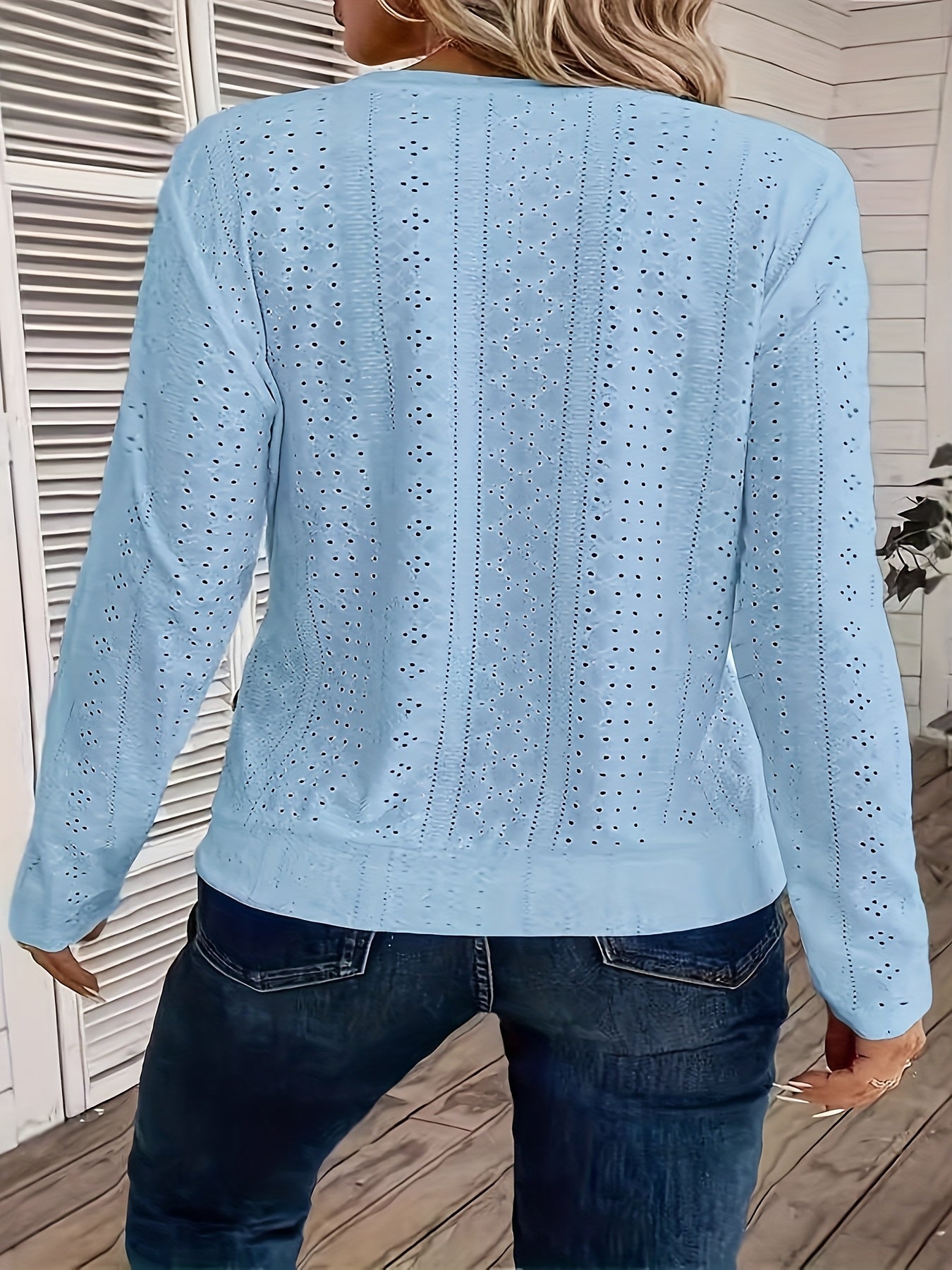 Women's Elegant Long Sleeve T-Shirt - Semi-Sheer Top with Decorative Hollow Buttons, Soft Everyday Blouse for Women, Office, Formal Events - Machine Washable All-Season Tops, Office Attire, Chic Design, Breathable Material, Versatile Topper, Casual Wear