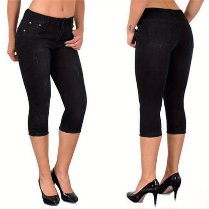 Women's Stretch Skinny Cropped Capri Jeans - Slim-Fit Denim Pants with Comfort Stretch Fabric, Machine Washable & Summer Casual Streetwear Style, Elastic Waist Jeans, Casual Attire, Modern Fashion, Durable Construction, Street Fashion, Western Style, Comf