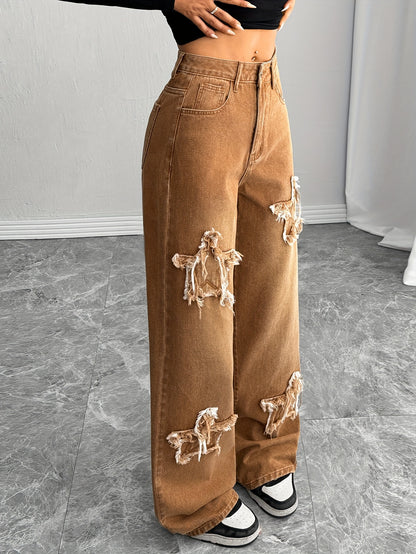 Melard colorway American street style star patchwork washed wide-leg straight jeans