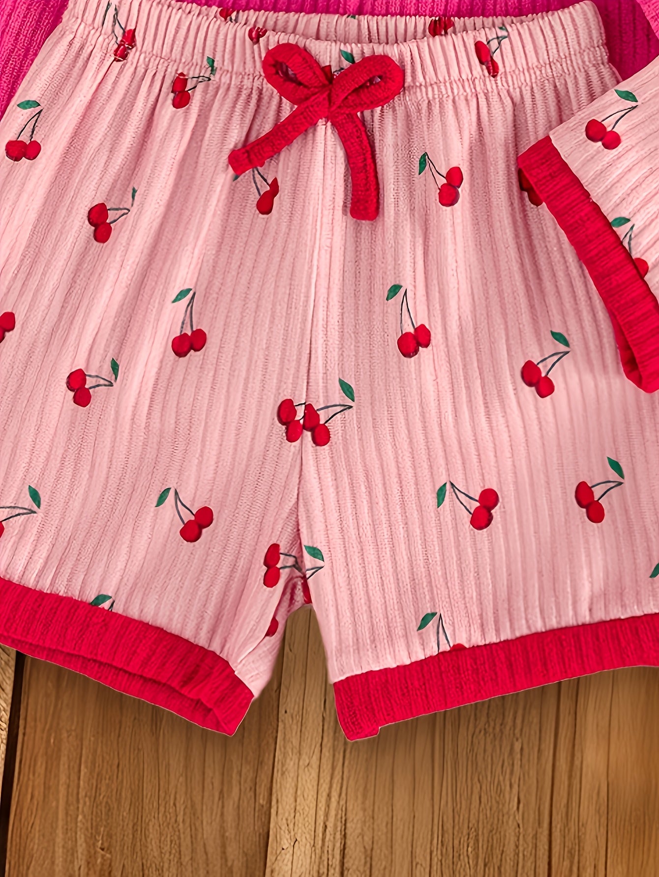 6pcs Set Of Girls' Summer New Cherry Fruit Pattern Short-sleeve And Shorts Comfortable Outfit, Perfect for Outdoor