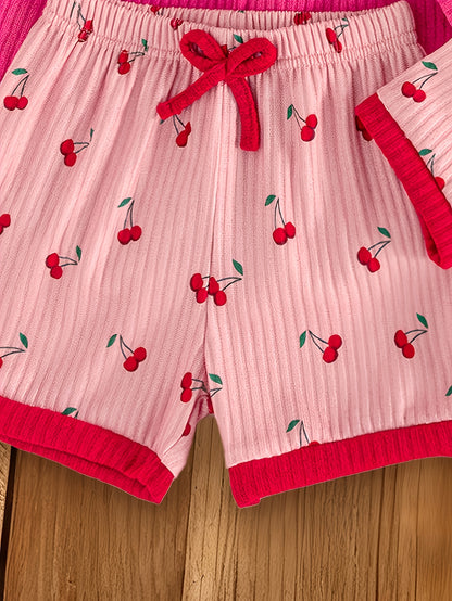 6pcs Set Of Girls' Summer New Cherry Fruit Pattern Short-sleeve And Shorts Comfortable Outfit, Perfect for Outdoor