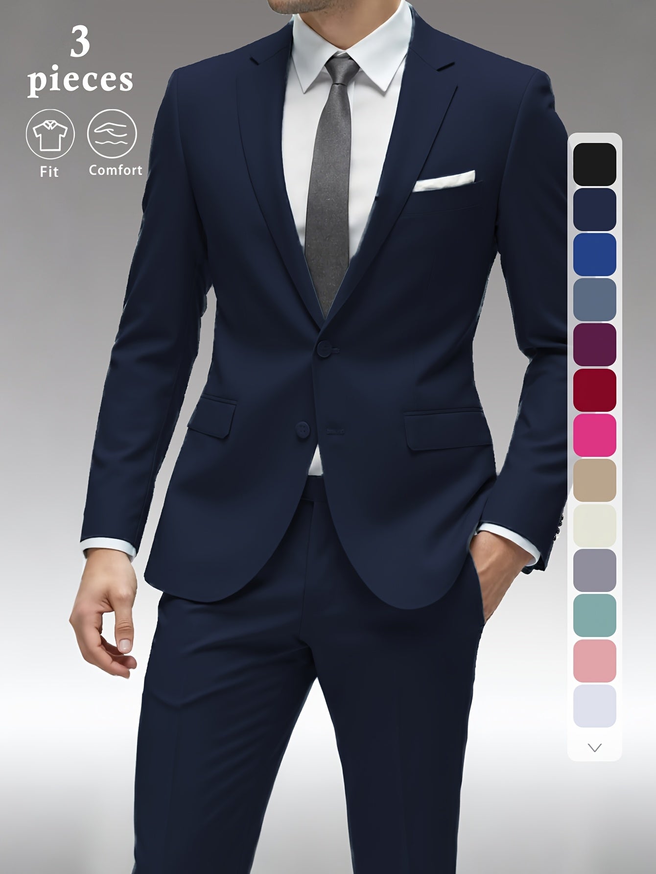 Men's Solid Color Complete 3pcs Suit Set Slim Fit Modern Tailored for Weddings Business Graduation Father's Day Gifting Express Delivery