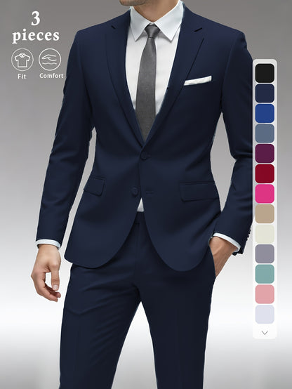 Men's Solid Color Complete 3pcs Suit Set Slim Fit Modern Tailored for Weddings Business Graduation Father's Day Gifting Express Delivery