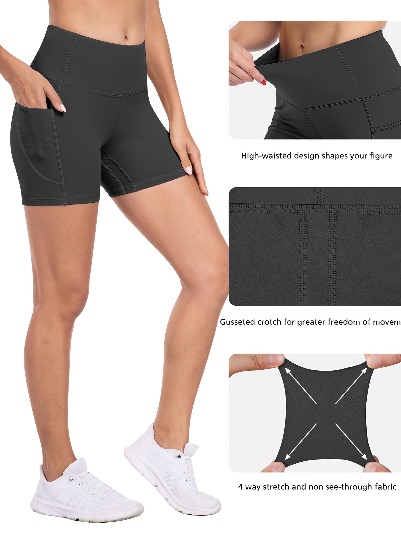 6-pack Plus Size Women'S Sports Shorts High Waist Hip Lifting Yoga Shorts With Pocket Three-quarter Pants Gym Running Exercise Fitness Shorts