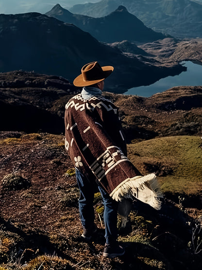 Men's Western Bandit Cape Coat with Tribal Print, Warm V-Neck Poncho with Tassel Trim for Outdoor Adventures, Fall and Winter Casual Wear (Brown/ White)