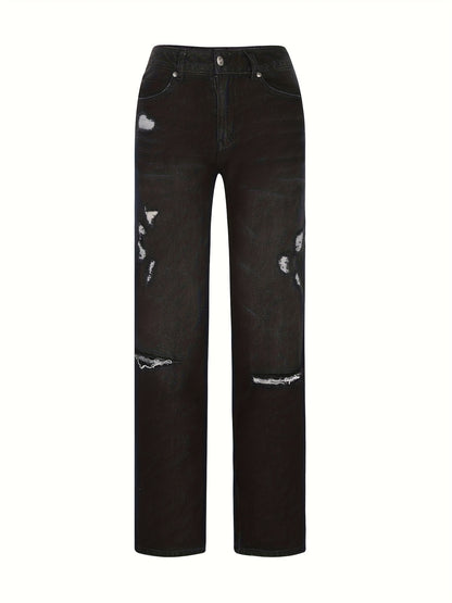 1 Women's Ripped Flare Wide Leg Slightly Stretchy Jeans - Fashion Distressed Casual Streetwear - US Size XS-XXL