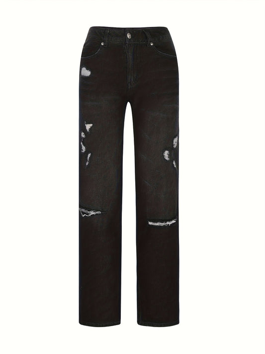 1 Women's Ripped Flare Wide Leg Slightly Stretchy Jeans - Fashion Distressed Casual Streetwear - US Size XS-XXL