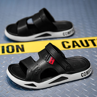 RECOMFOX Men'S EVA Slides - Comfortable, Non-Slip, Open-Toe Slippers with Arch Support for Indoor & Outdoor Use - Stylish Black with Red Accents for Beach, Shower, and Casual Wear