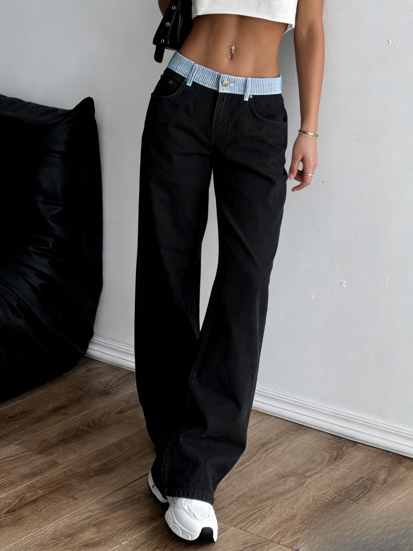 2026 Spring And Summer Fragrance New Contrasting Color Letter Webbing Decoration Straight Splicing Casual Pants Temperament Straight Jeans Commuter Trousers High Waist Jeans