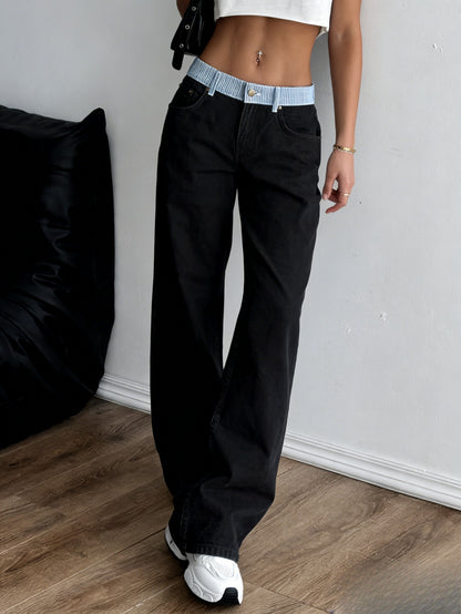 2026 Spring And Summer Fragrance New Contrasting Color Letter Webbing Decoration Straight Splicing Casual Pants Temperament Straight Jeans Commuter Trousers High Waist Jeans