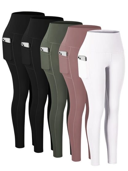 5pcs Women's Plus-Size High-Waisted Yoga Pants with Butt Lifting & Pockets - Full-Length Workout Leggings, Soft Stretch Fitness Pants Suitable for Gym, Pilates, Casual Attire - 5pcs Bulk Pack