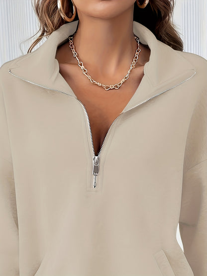 Casual Women's Drop Shoulder Sweatshirt with Half - Zip, Solid Color Sport Pullover