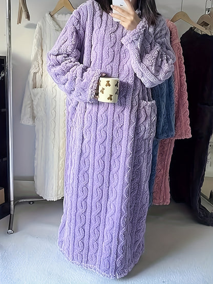 Ladies' Thick Coral Velvet Sleeper Robe - Super Soft Long with Pocket, Winter Home Sleeper, Machine Washable SPA Casual Clothing, Comfortable and Warm Home Outfit, Round Neck Warm Sleeper, Durable and Comfortable Material