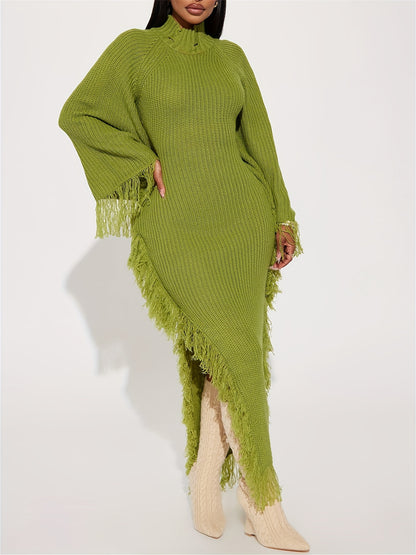Gifts for Her, Fringe Trim Sweater Dress for Women, Batwing Long Sleeve High Neck Maxi Dress with Asymmetrical Hem, Sexy And Chic Style, for Fall Winter