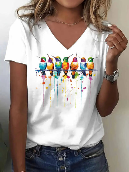 Women'S V-Neck T-Shirt - White Top with Colorful Hummingbirds Graphic - Lightweight Everyday Shirt for Women - Perfect Gift for Birthdays, Anniversaries - All-Season Casual Outfit, Ladies T Shirts, Vibrant Print Tee, Comfortable Fit Tee, Versatile Clothin