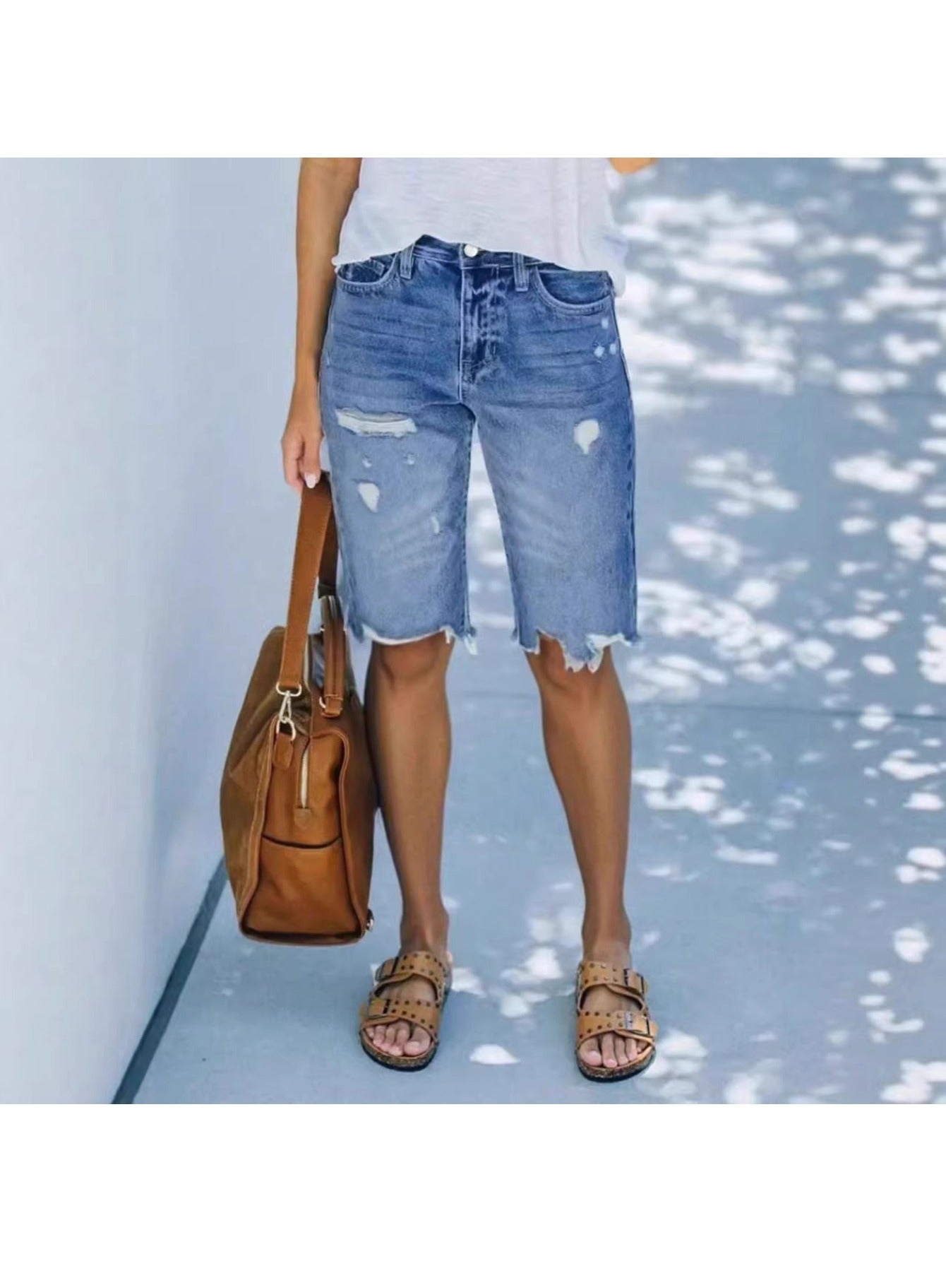 Womens High Waist Irregular Ripped Frayed Denim Bermuda Shorts Light Wash Straight Leg Pants for Summer Beach Vacation And Daily Casual Wear