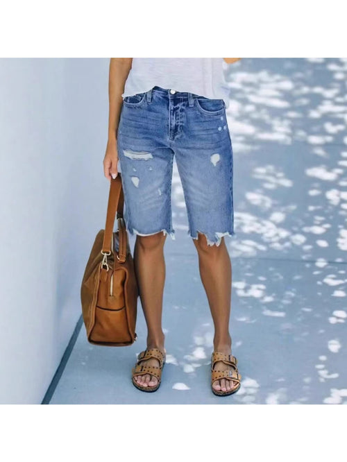 Womens High Waist Irregular Ripped Frayed Denim Bermuda Shorts Light Wash Straight Leg Pants for Summer Beach Vacation And Daily Casual Wear