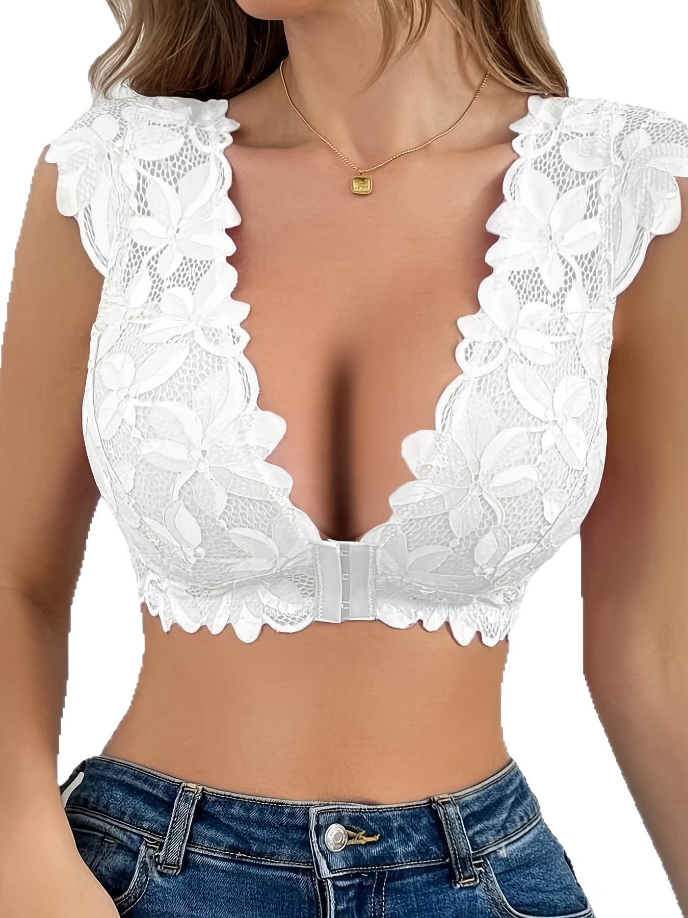 Women'S Elegant Lace Camisole Bra - Front Closure Push-Up Shaping Bra with Contrast Lace Trim, Lightweight Breathable Wire-Free Design, Non-Detachable Padding & Smooth Round Neckline for Daily Casual & Formal Wear - 2025 New Style Women'S Underwear