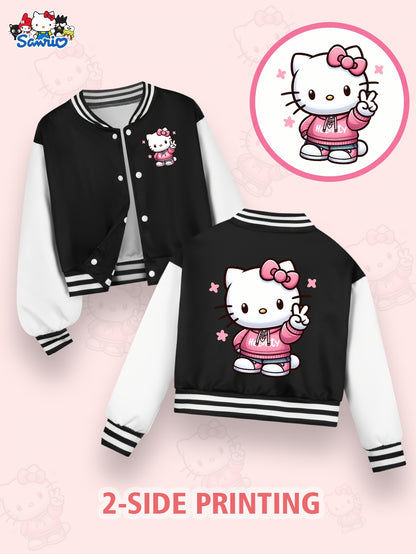Sanrio Hello Kitty Girls' Cute Kawaii Jacket - Double-Sided Hello Kitty Print Varsity Coat with Button Closure, Warm Winter Outerwear Suitable for, Playdates & Themed Parties (Iconic KT Character)