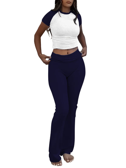 Leisure Women'S Two-Piece Round Neck T-Shirt And Low-Waisted Flared Pants Set Streetwear