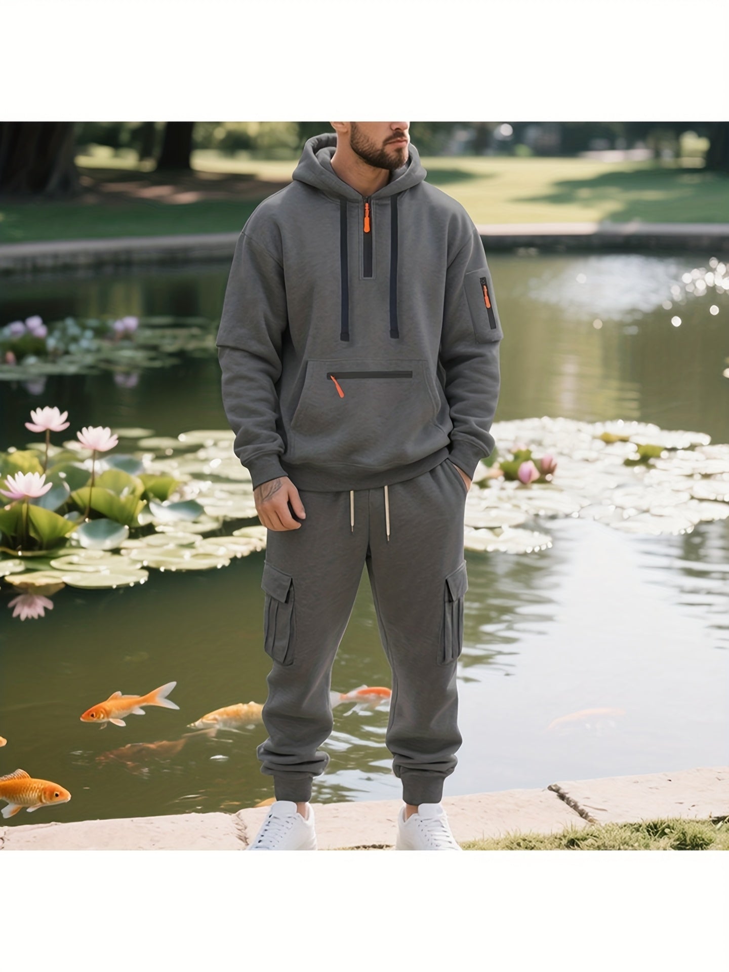 1 Set Of 2pcs Men's Thermal Sportswear - -Lined Hooded Long-Sleeve Pullover And Pocketed Sweatpants. Features Warm Lining And Breathable Fabric, Ideal for Everyday Warmth In Fall And Winter, Outdoor Activities, And More.