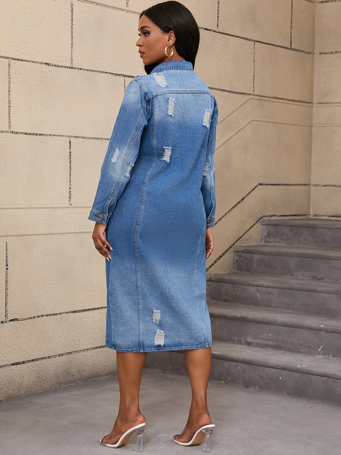 Long Denim Coat with Worn Holes Long Denim Trench Coat for Women