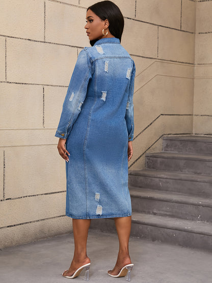 Long Denim Coat with Worn Holes Long Denim Trench Coat for Women